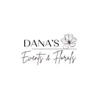 Script and serif wordmark logo for Dana's Events & Florals with a small floral illustration.